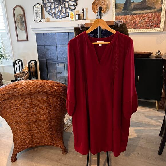 J Jill Tunic Dress Womens Size Large Red Burgundy Pintucked V Neck Long Sleeve - Picture 16 of 16